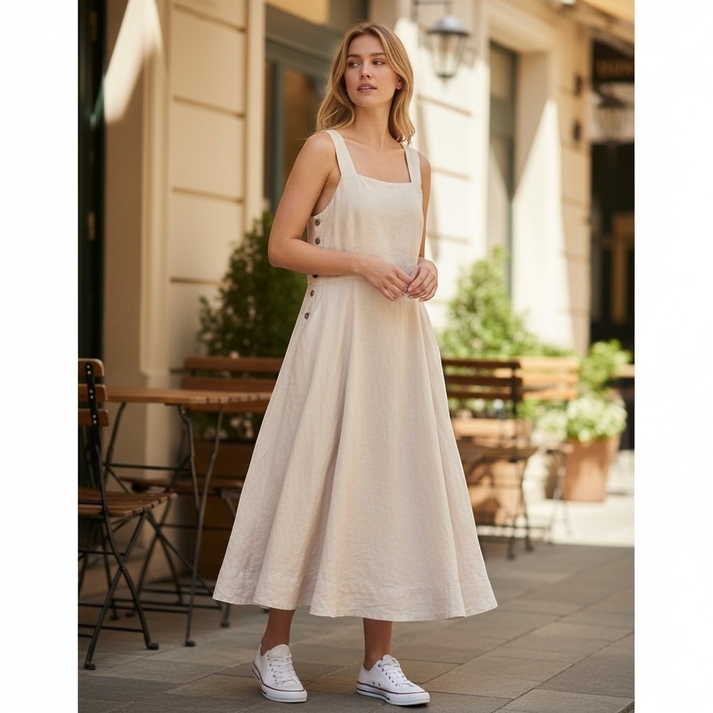 Son de Flor Pinafore Linen Midi Dress FLAW Large Womens Beige Side Button Boho